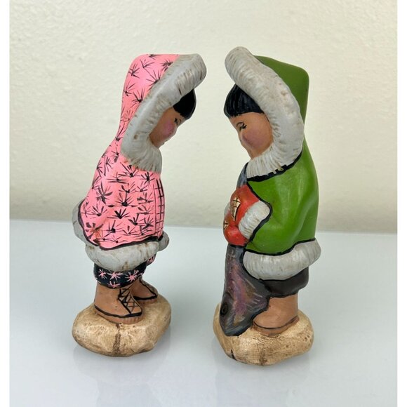 Eskimo Ceramic Hand Painted Girl & Boy Figures, Set of 2 Alaskan Winter Art - Picture 5 of 15